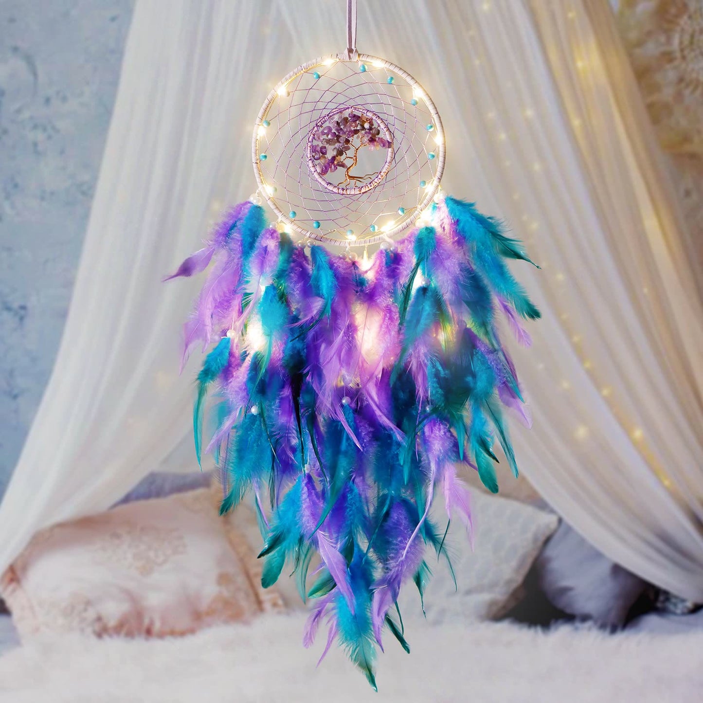 LZINA™ | Crystal Tree of Life Feather Glow Dreamcatcher