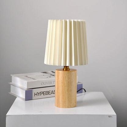 BowLift Vintage Korean Pleated Column Table Lamp – Solid Wood Base, 1-Light