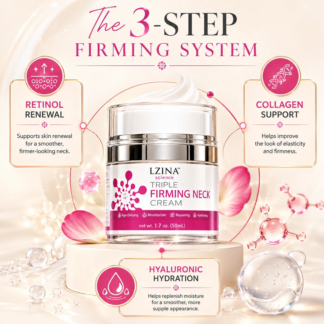 Three step neck firming skincare routine using retinol collagen and hyaluronic acid