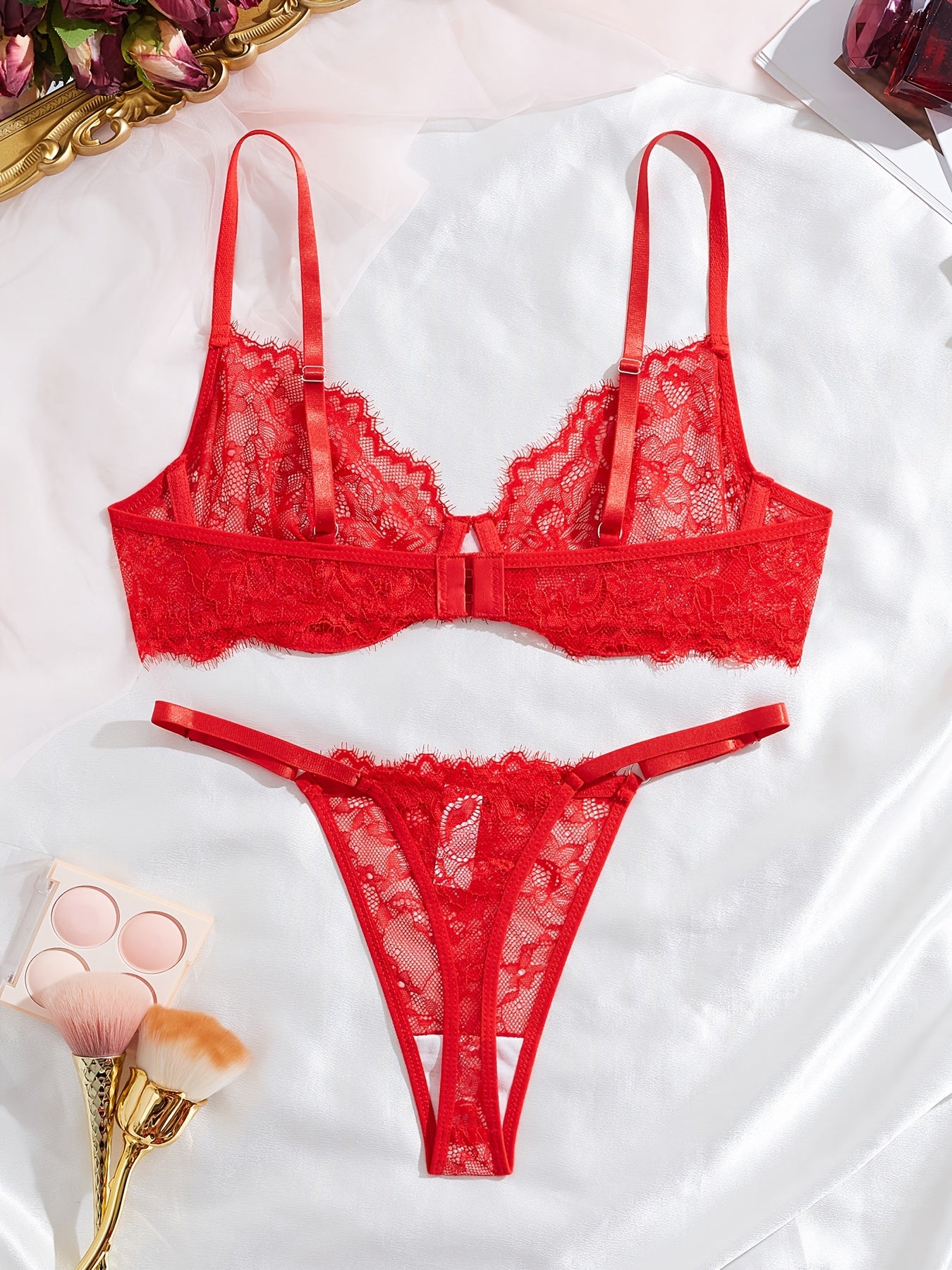 Lingerie Sets, Lace Lingerie & Sexy Underwear – 2-Piece Eyelash Lace Strappy Bra and Thong Set, Semi-Sheer, Unpadded, Medium Support