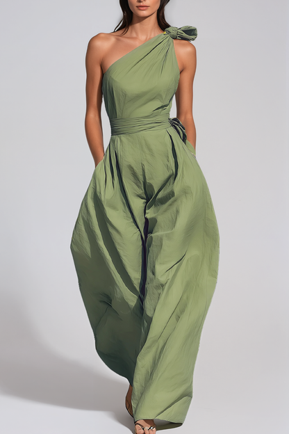 Women’s Green One Shoulder Baggy Jumpsuit with Twist Detail and Relaxed Fit