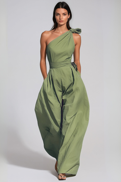 Women’s Green One Shoulder Baggy Jumpsuit with Twist Detail and Relaxed Fit