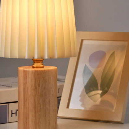 BowLift Vintage Korean Pleated Column Table Lamp – Solid Wood Base, 1-Light