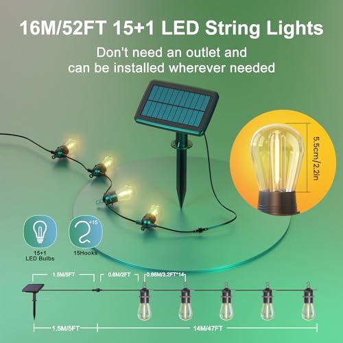 LZINA™ | 52FT Solar String Lights for Outdoor with Remote Control, Warm White