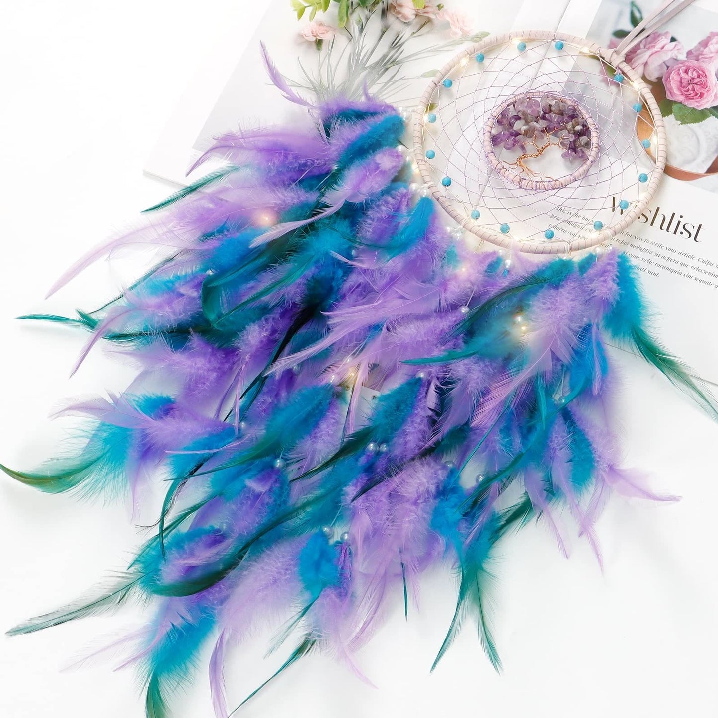 LZINA™ | Crystal Tree of Life Feather Glow Dreamcatcher