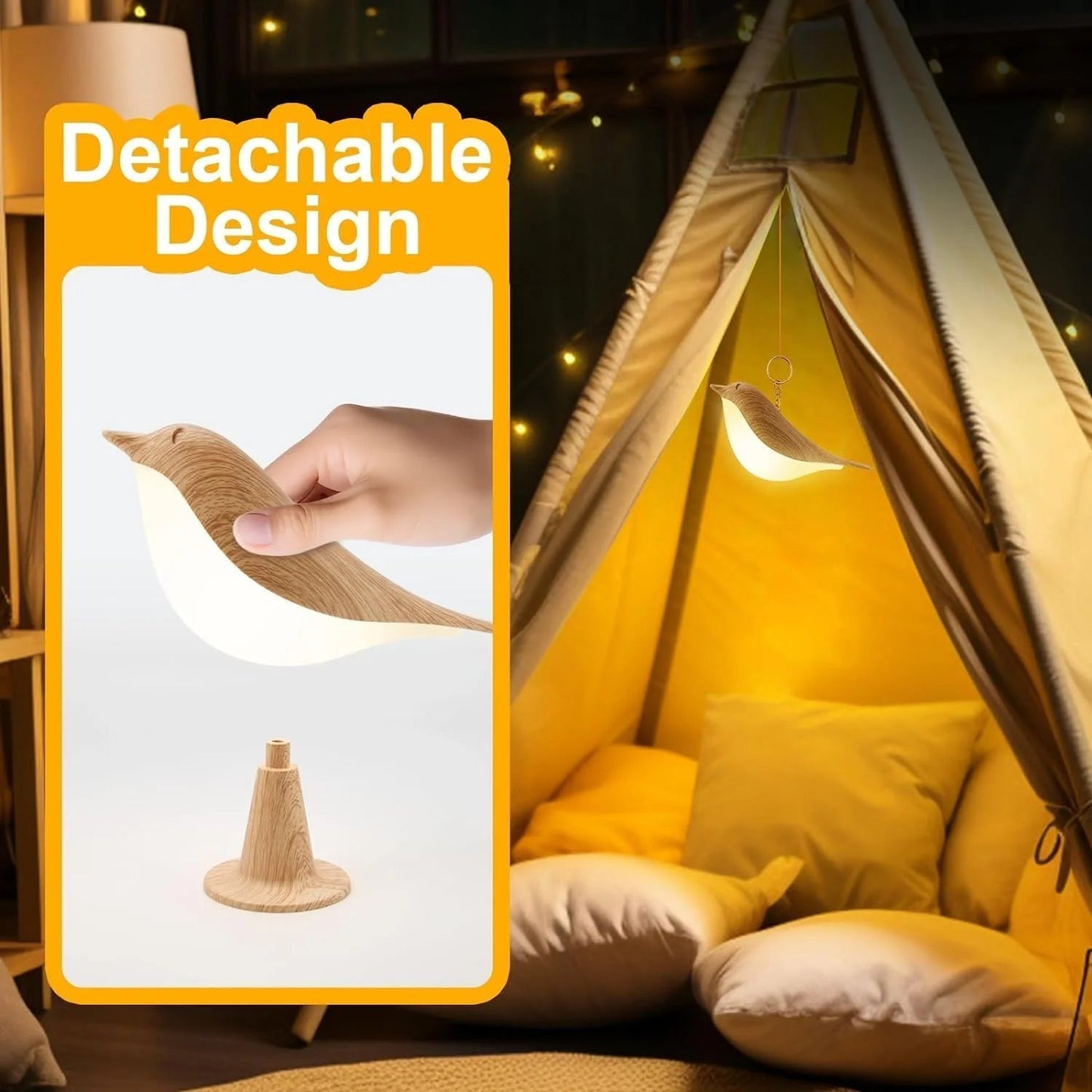BowLift Touch-Control Wooden Bird Night Light with Rechargeable LED Bedside Lamp