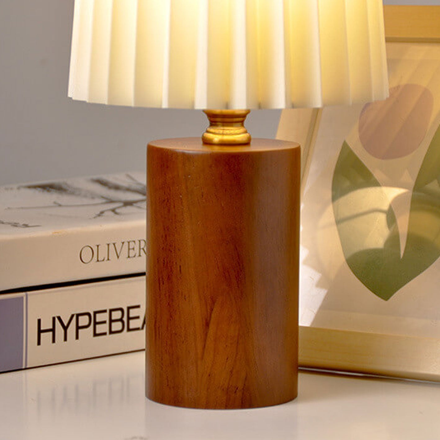 BowLift Vintage Korean Pleated Column Table Lamp – Solid Wood Base, 1-Light