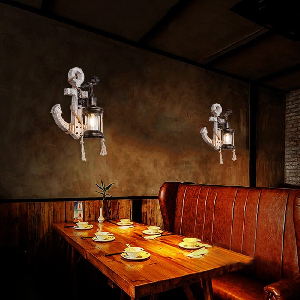 BowLift Vintage Anchor LED Wall Light | Industrial Metal & Wood Fixture for Dining & Living Rooms