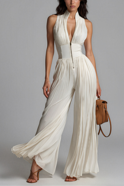 Women’s White Wide Leg Jumpsuit with V Neck, Ruched Waist and Zip Detail