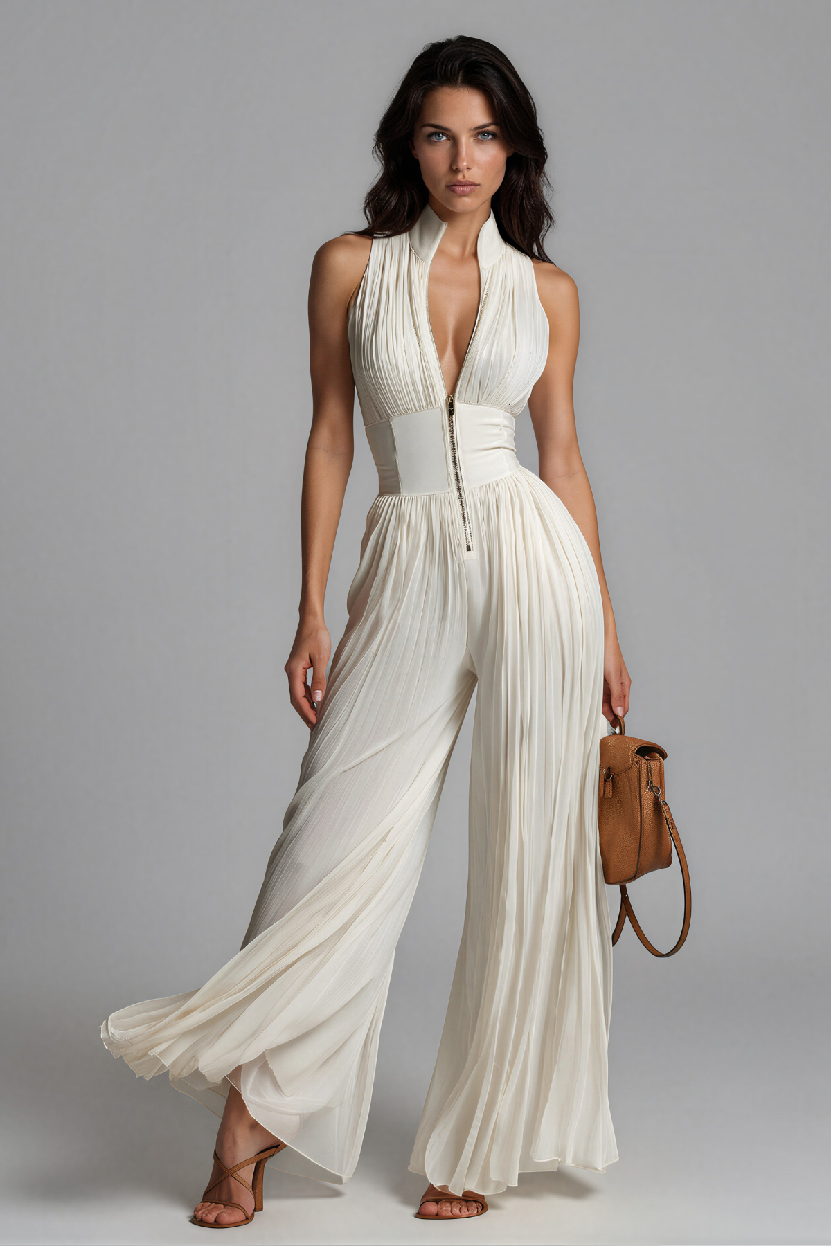 Women’s White Wide Leg Jumpsuit with V Neck, Ruched Waist and Zip Detail