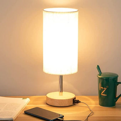 BowLift USB Touch Table Lamp – 3-Stage Dimmable Wood Bedside Lamp with Round Linen Shade, USB Port, Ideal for Bedroom, Living Room, Dorm & Home Office
