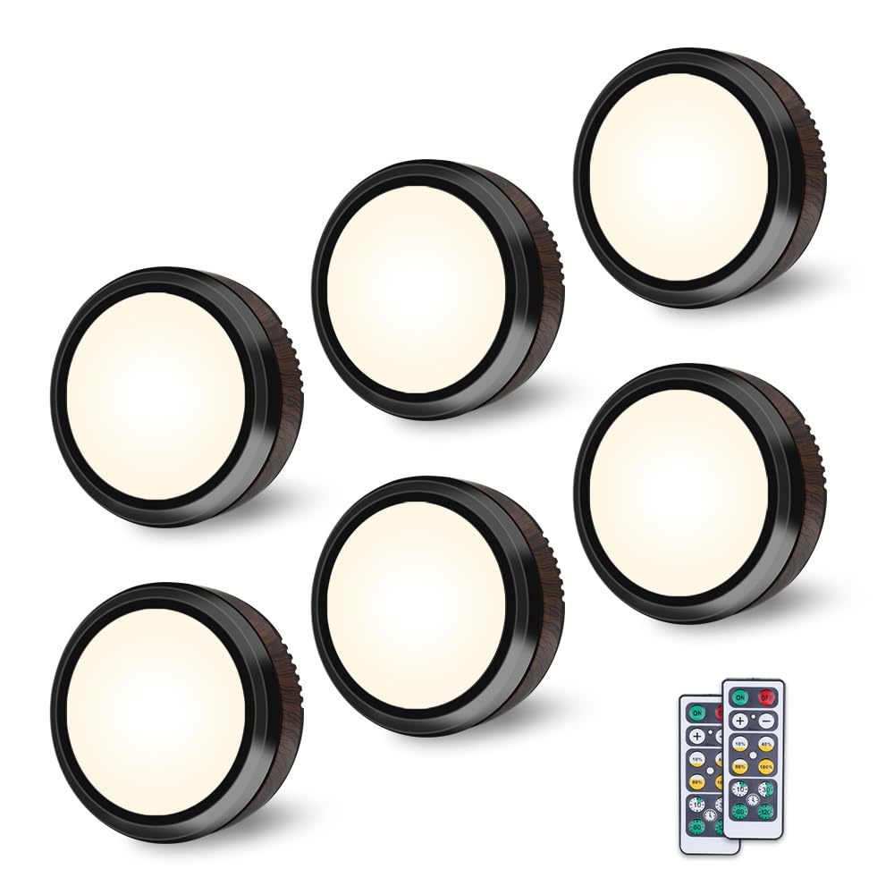 BowLift Leastyle Remote-Control LED Puck Lights – Dimmable, Battery-Powered Under-Cabinet Lighting, 6-Pack Natural White