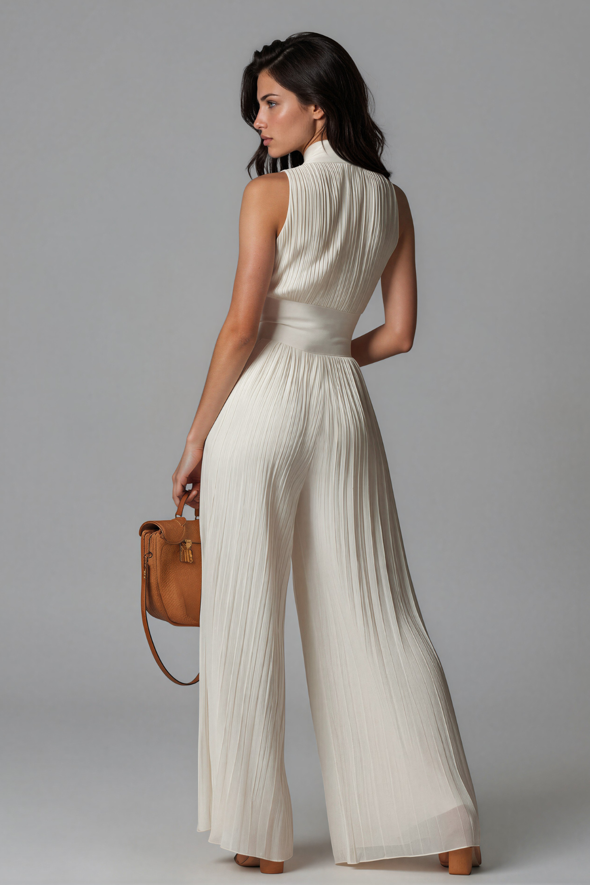 Women’s White Wide Leg Jumpsuit with V Neck, Ruched Waist and Zip Detail