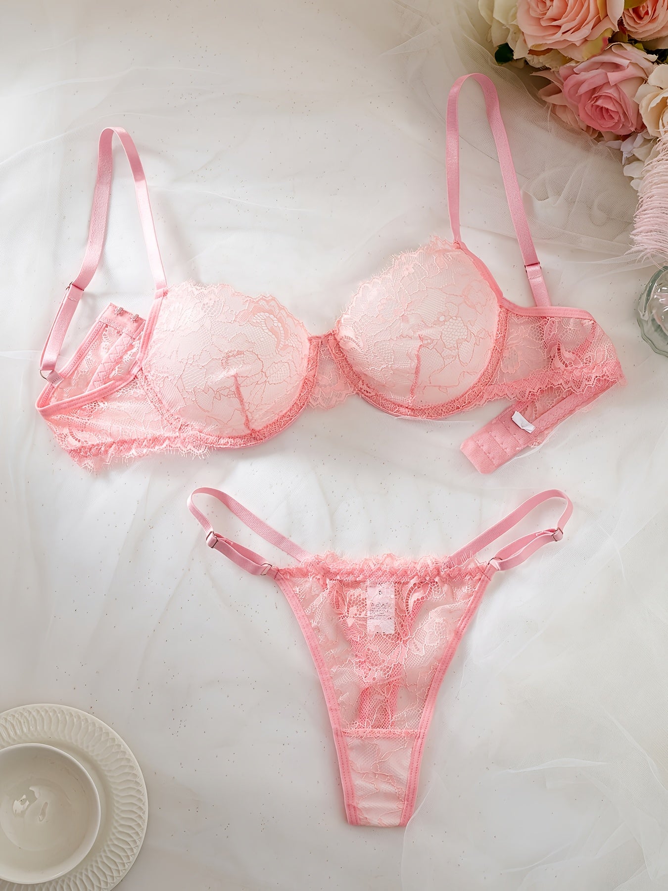 Lingerie Sets, Lace Lingerie & Sexy Underwear – 2-Piece Eyelash Lace Strappy Bra and Thong Set, Semi-Sheer, Unpadded, Medium Support