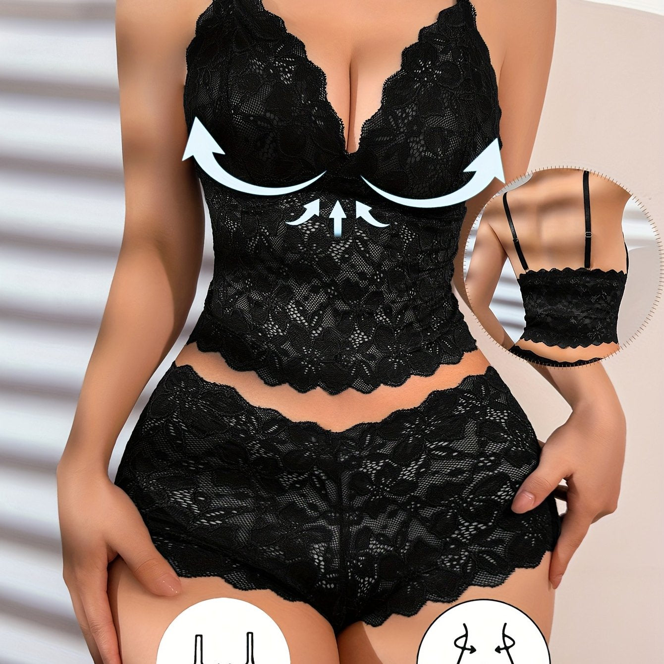 Lingerie Sets, Lace Lingerie & Sexy Underwear – 2-Piece Deep V-Neck Floral Lace Camisole Top and Boyshort Panties, Black Polyamide Knit