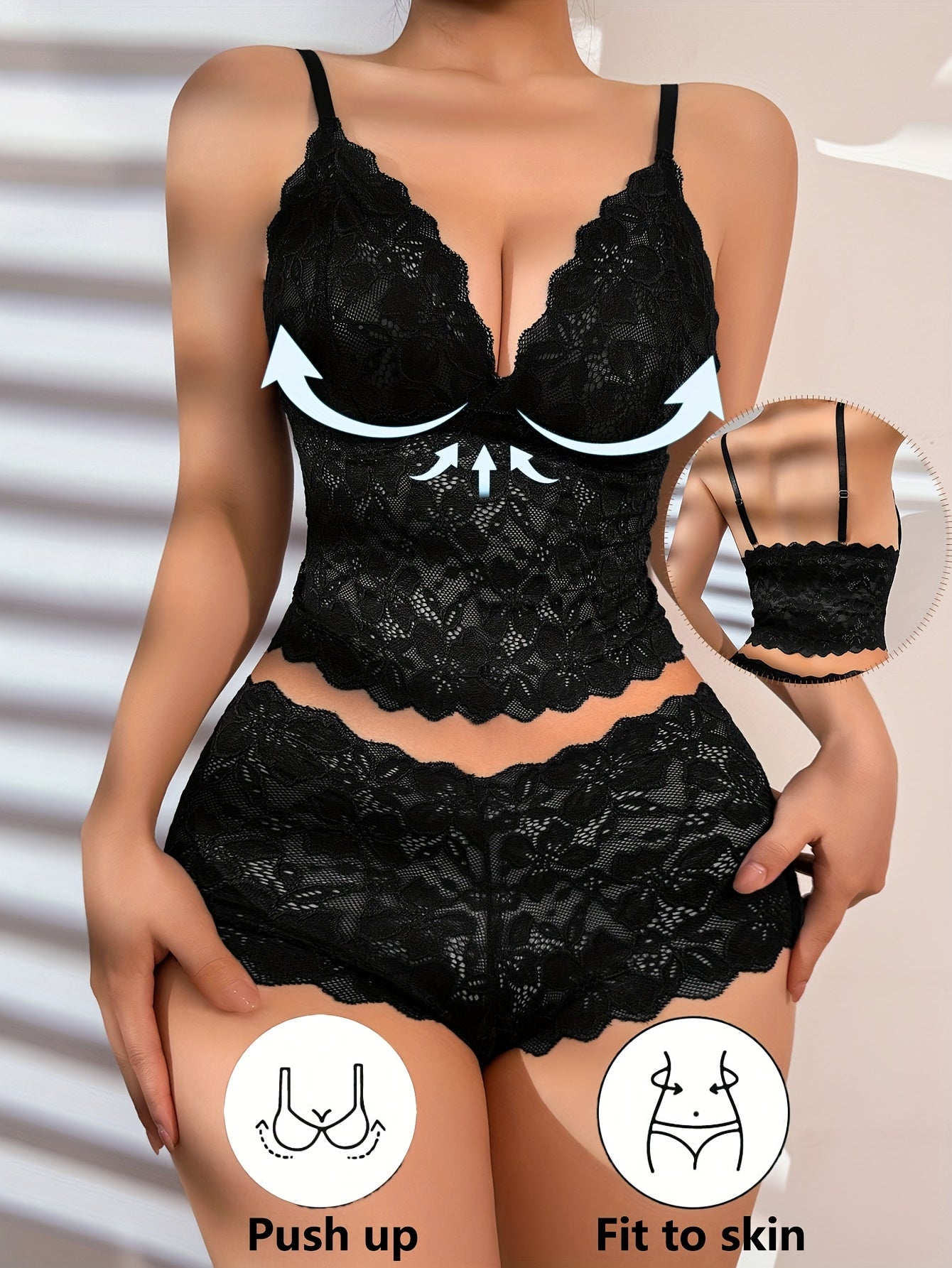 Lingerie Sets, Lace Lingerie & Sexy Underwear – 2-Piece Deep V-Neck Floral Lace Camisole Top and Boyshort Panties, Black Polyamide Knit