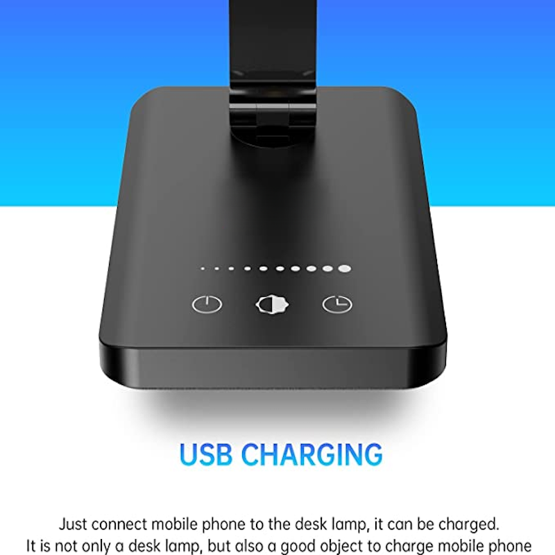 BowLift LED Desk Lamp with USB Charging Port — Dimmable, Eye‑Friendly Reading Light for Home, 5 Brightness Levels, 3 Light Modes, Touch Control, Auto Timer (Black)