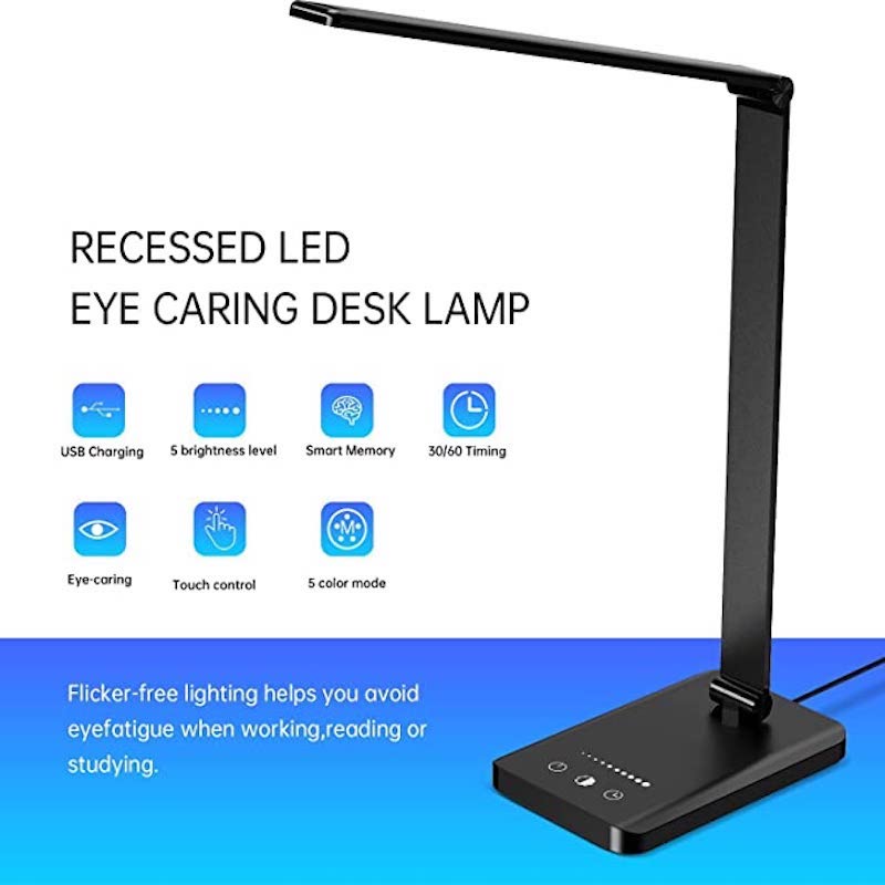 BowLift LED Desk Lamp with USB Charging Port — Dimmable, Eye‑Friendly Reading Light for Home, 5 Brightness Levels, 3 Light Modes, Touch Control, Auto Timer (Black)