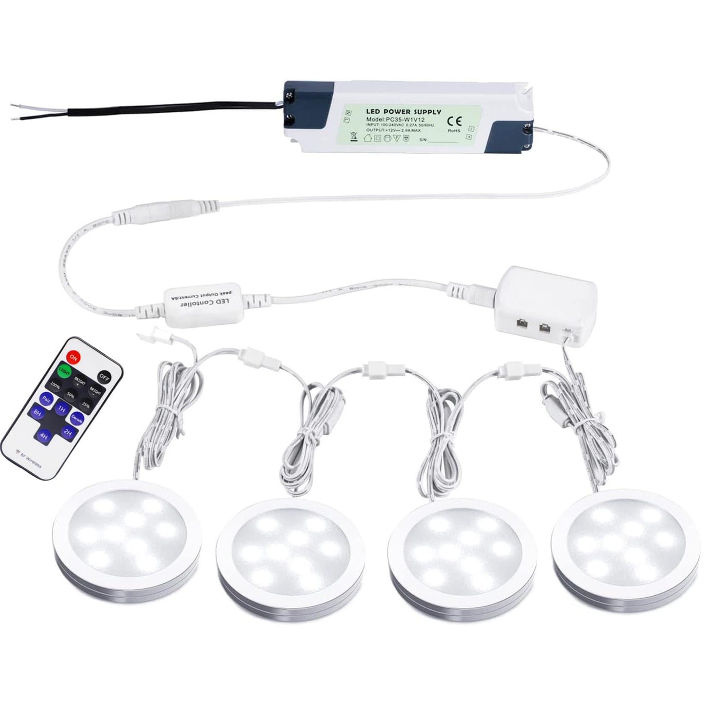 BowLift Aiboo Linkable 12V Slim Aluminum LED Under-Cabinet Puck Lights, Dimmable with Remote, Hardwired 4-Pack Daylight White (No Wall Adapter)