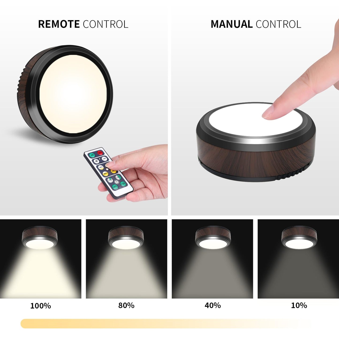 BowLift Leastyle Remote-Control LED Puck Lights – Dimmable, Battery-Powered Under-Cabinet Lighting, 6-Pack Natural White