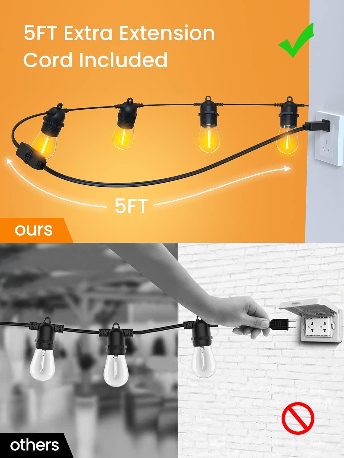 LZINA™ | Festoon Lights Outdoor, 53FT/16M S14 Outdoor Garden LED String Lights, IP65 Waterproof Outdoor String Lights Main Power 2700K 15+1(Replacement) Bulbs for Outdoor Patio Terrace Yard Wedding Party