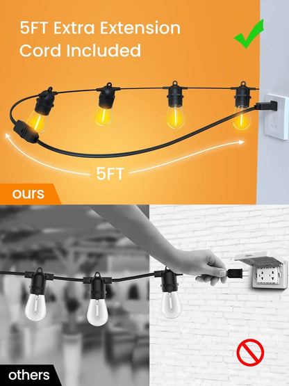 LZINA™ | Festoon Lights Outdoor, 53FT/16M S14 Outdoor Garden LED String Lights, IP65 Waterproof Outdoor String Lights Main Power 2700K 15+1(Replacement) Bulbs for Outdoor Patio Terrace Yard Wedding Party