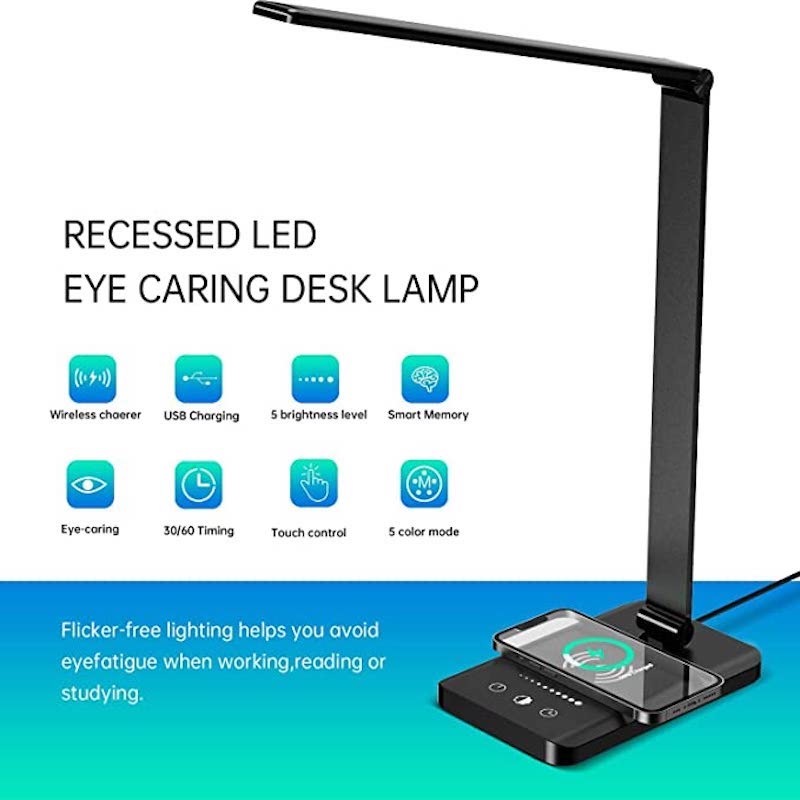 BowLift LED Desk Lamp with USB Charging Port — Dimmable, Eye‑Friendly Reading Light for Home, 5 Brightness Levels, 3 Light Modes, Touch Control, Auto Timer (Black)