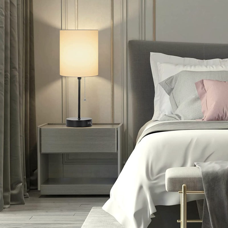 BowLift | Pair of Table Lamps with USB Ports and AC Outlet, Gray Bedside Lamps with Pull-Chain Switch, Minimalist Modern Desk Lamps with Fabric Shades for Living Room, Bedroom, and Office