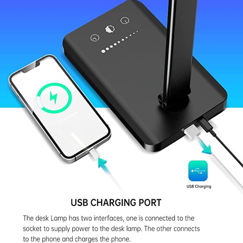 BowLift LED Desk Lamp with USB Charging Port — Dimmable, Eye‑Friendly Reading Light for Home, 5 Brightness Levels, 3 Light Modes, Touch Control, Auto Timer (Black)