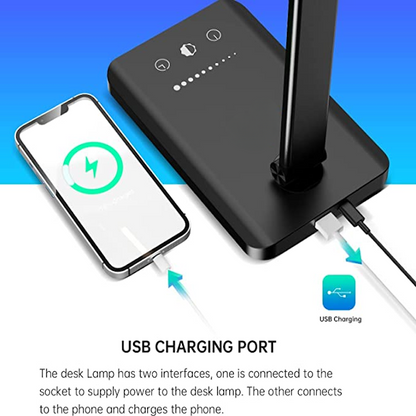 BowLift LED Desk Lamp with USB Charging Port — Dimmable, Eye‑Friendly Reading Light for Home, 5 Brightness Levels, 3 Light Modes, Touch Control, Auto Timer (Black)