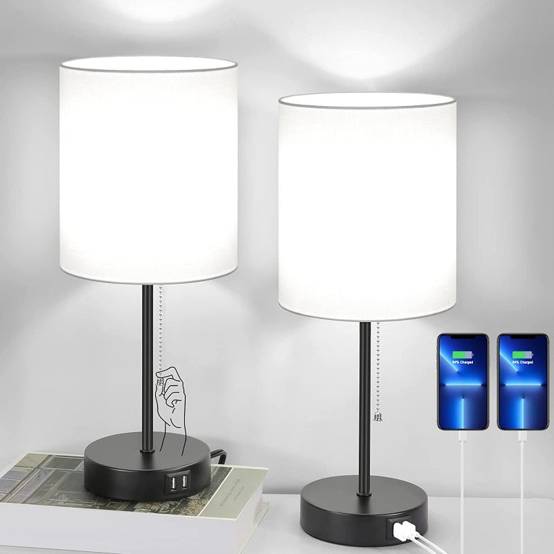 BowLift | Pair of Table Lamps with USB Ports and AC Outlet, Gray Bedside Lamps with Pull-Chain Switch, Minimalist Modern Desk Lamps with Fabric Shades for Living Room, Bedroom, and Office