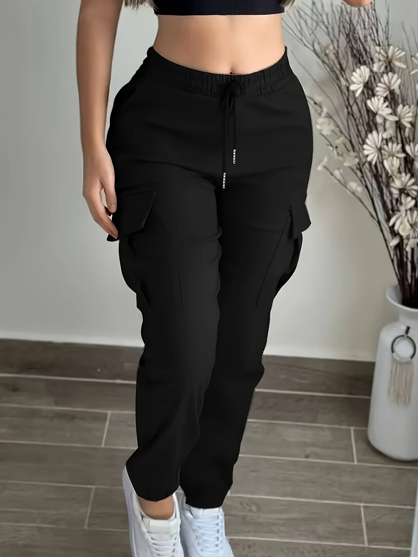 Women’s Cargo Trousers & Casual Workwear Pants – Drawstring Waist, Utility Pockets, Full-Length Polyester Cargo Joggers & Leisure Bottoms