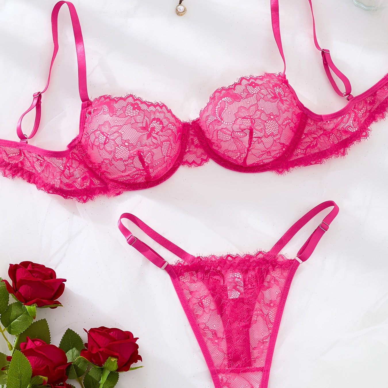 Lingerie Sets, Lace Lingerie & Sexy Underwear – 2-Piece Eyelash Lace Strappy Bra and Thong Set, Semi-Sheer, Unpadded, Medium Support