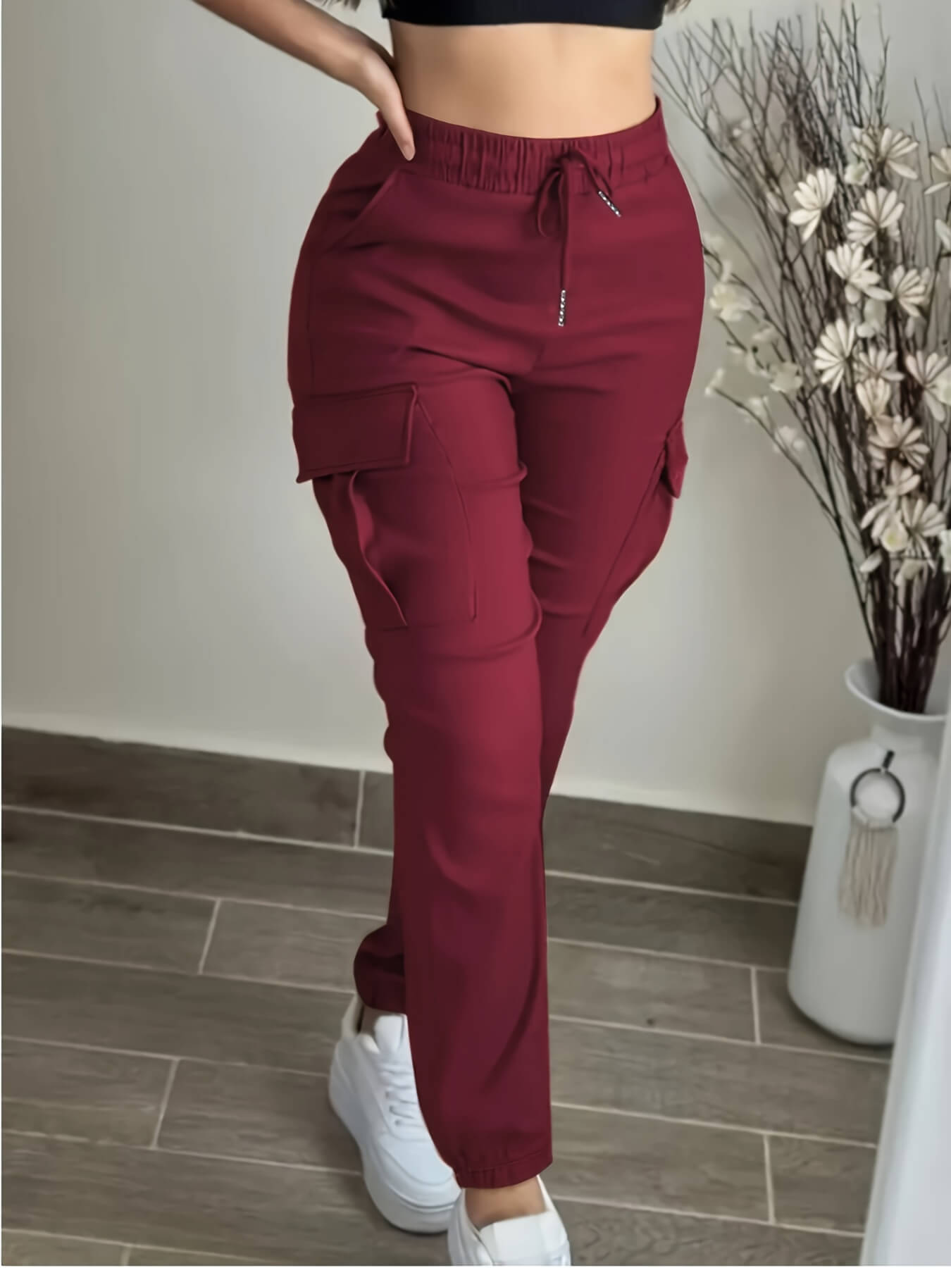 Women’s Cargo Trousers & Casual Workwear Pants – Drawstring Waist, Utility Pockets, Full-Length Polyester Cargo Joggers & Leisure Bottoms