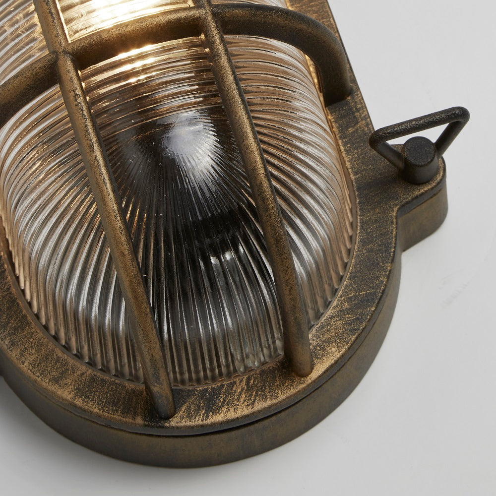 BowLift Antique Brass & Ribbed Glass Outdoor Vintage Oval Surface Wall Lamp – 248mm