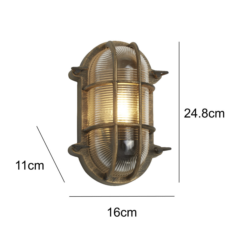 BowLift Antique Brass & Ribbed Glass Outdoor Vintage Oval Surface Wall Lamp – 248mm