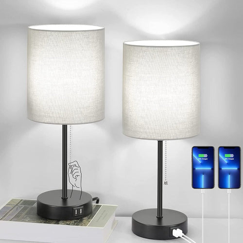BowLift | Pair of Table Lamps with USB Ports and AC Outlet, Gray Bedside Lamps with Pull-Chain Switch, Minimalist Modern Desk Lamps with Fabric Shades for Living Room, Bedroom, and Office