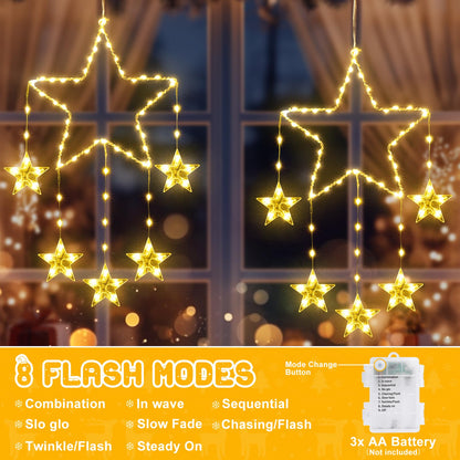 LZINA™ | Quntis 2Pcs 95cm Large Christmas Window Lights, 84LED 12 Stars Battery Operated Christmas Silhouette Sparkle Star Lights with Timer Memory, 8 Modes Xmas Indoor Outdoor Hanging Decoration, Warm White