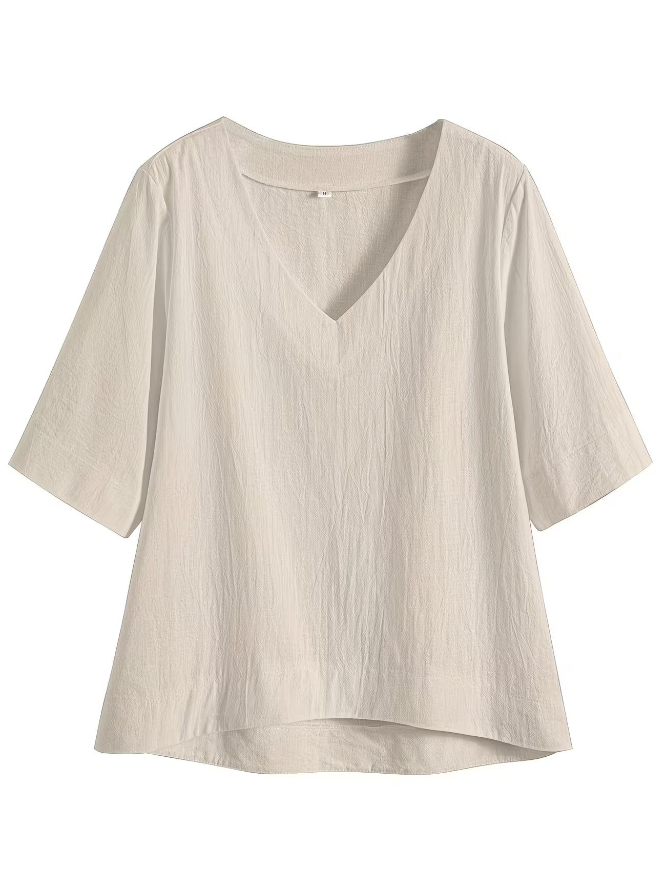 A light beige linen-blend top with a V-neckline and elbow-length sleeves, displayed flat against a solid white background.