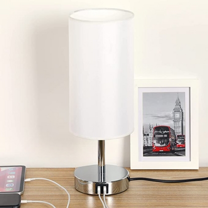 BowLift USB Touch Table Lamp – 3-Stage Dimmable Wood Bedside Lamp with Round Linen Shade, USB Port, Ideal for Bedroom, Living Room, Dorm & Home Office