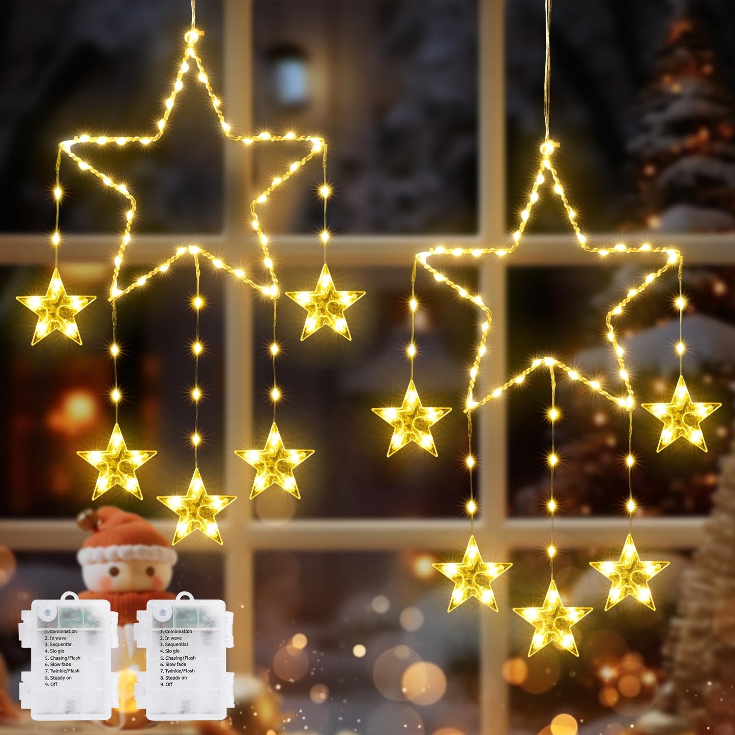 LZINA™ | Quntis 2Pcs 95cm Large Christmas Window Lights, 84LED 12 Stars Battery Operated Christmas Silhouette Sparkle Star Lights with Timer Memory, 8 Modes Xmas Indoor Outdoor Hanging Decoration, Warm White