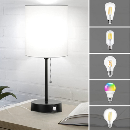 BowLift | Pair of Table Lamps with USB Ports and AC Outlet, Gray Bedside Lamps with Pull-Chain Switch, Minimalist Modern Desk Lamps with Fabric Shades for Living Room, Bedroom, and Office