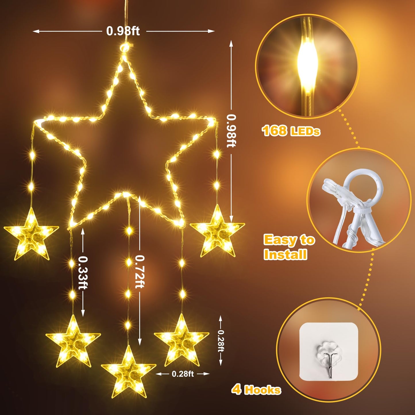 LZINA™ | Quntis 2Pcs 95cm Large Christmas Window Lights, 84LED 12 Stars Battery Operated Christmas Silhouette Sparkle Star Lights with Timer Memory, 8 Modes Xmas Indoor Outdoor Hanging Decoration, Warm White