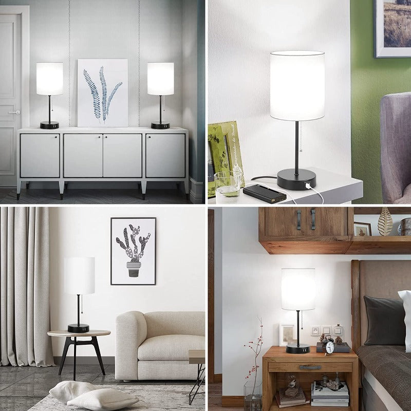 BowLift | Pair of Table Lamps with USB Ports and AC Outlet, Gray Bedside Lamps with Pull-Chain Switch, Minimalist Modern Desk Lamps with Fabric Shades for Living Room, Bedroom, and Office