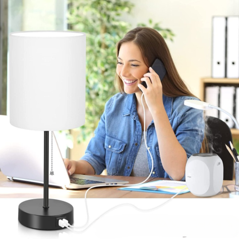 BowLift | Pair of Table Lamps with USB Ports and AC Outlet, Gray Bedside Lamps with Pull-Chain Switch, Minimalist Modern Desk Lamps with Fabric Shades for Living Room, Bedroom, and Office