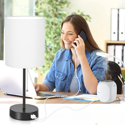 BowLift | Pair of Table Lamps with USB Ports and AC Outlet, Gray Bedside Lamps with Pull-Chain Switch, Minimalist Modern Desk Lamps with Fabric Shades for Living Room, Bedroom, and Office