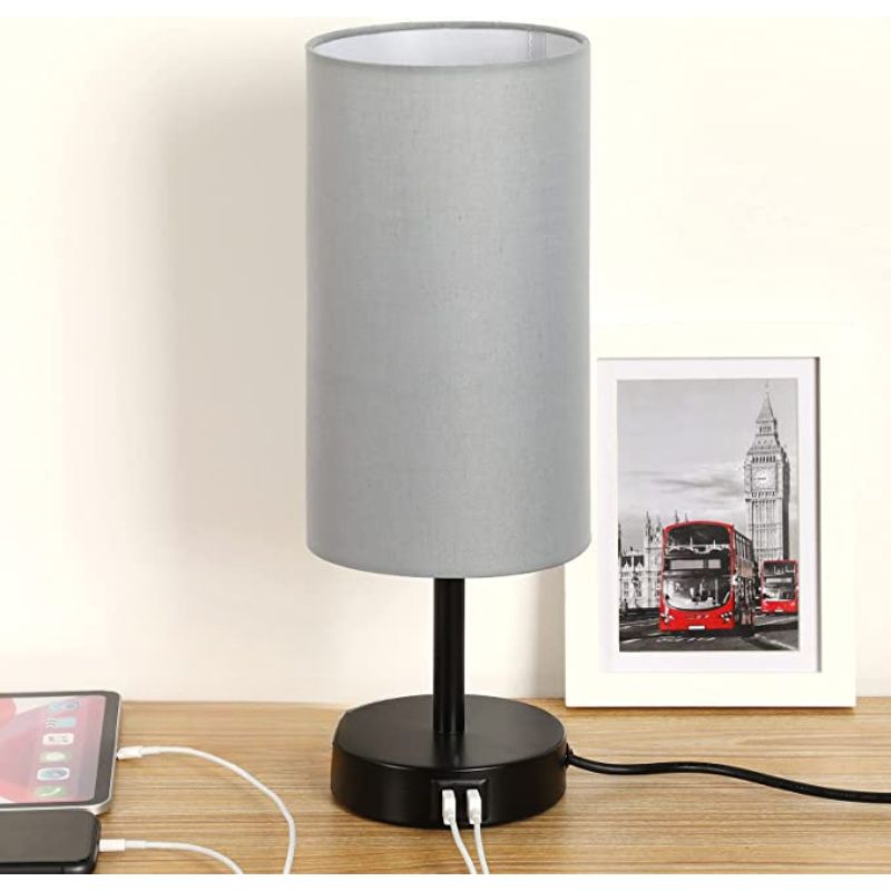BowLift USB Touch Table Lamp – 3-Stage Dimmable Wood Bedside Lamp with Round Linen Shade, USB Port, Ideal for Bedroom, Living Room, Dorm & Home Office