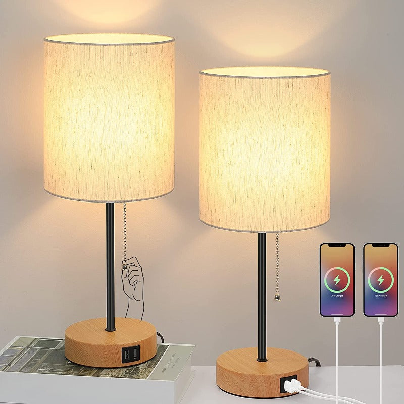 BowLift | Pair of Table Lamps with USB Ports and AC Outlet, Gray Bedside Lamps with Pull-Chain Switch, Minimalist Modern Desk Lamps with Fabric Shades for Living Room, Bedroom, and Office