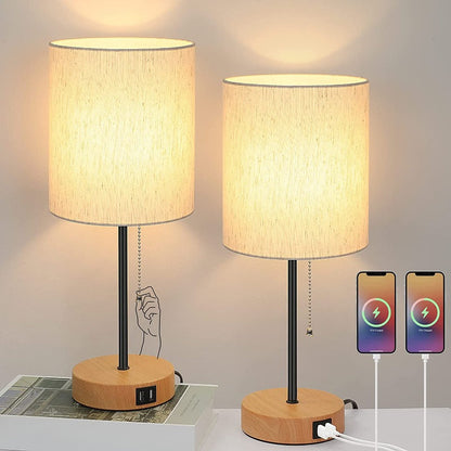 BowLift | Pair of Table Lamps with USB Ports and AC Outlet, Gray Bedside Lamps with Pull-Chain Switch, Minimalist Modern Desk Lamps with Fabric Shades for Living Room, Bedroom, and Office