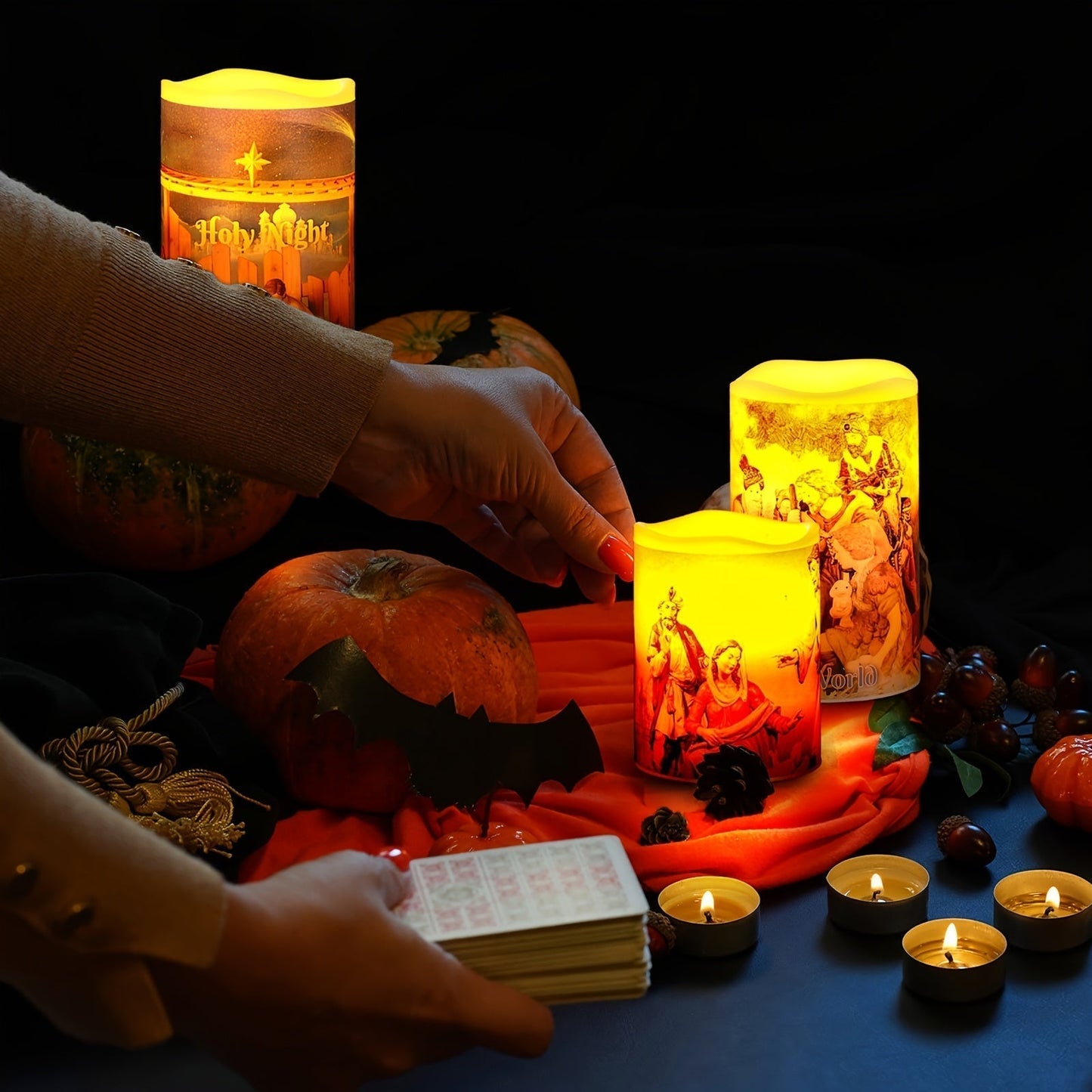 LZINA™ | Flameless LED Christmas Candles – 3pcs Battery-Powered Holy Night Lights Candle with Timer Featuring Nativity Scene for Warm Holiday Home Ambience